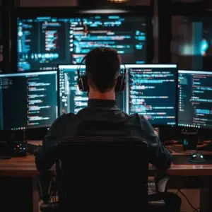 Hombre ,de espaldas sentado, viendo varias pantallas con códigos de programación