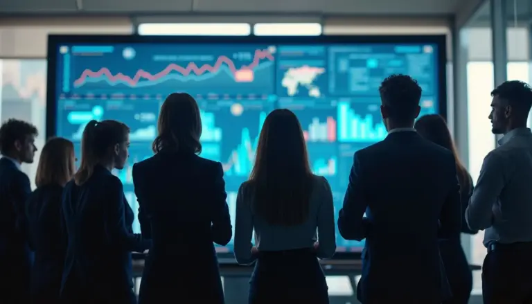 personas de espaldas viendo una pantalla grande con gráficos