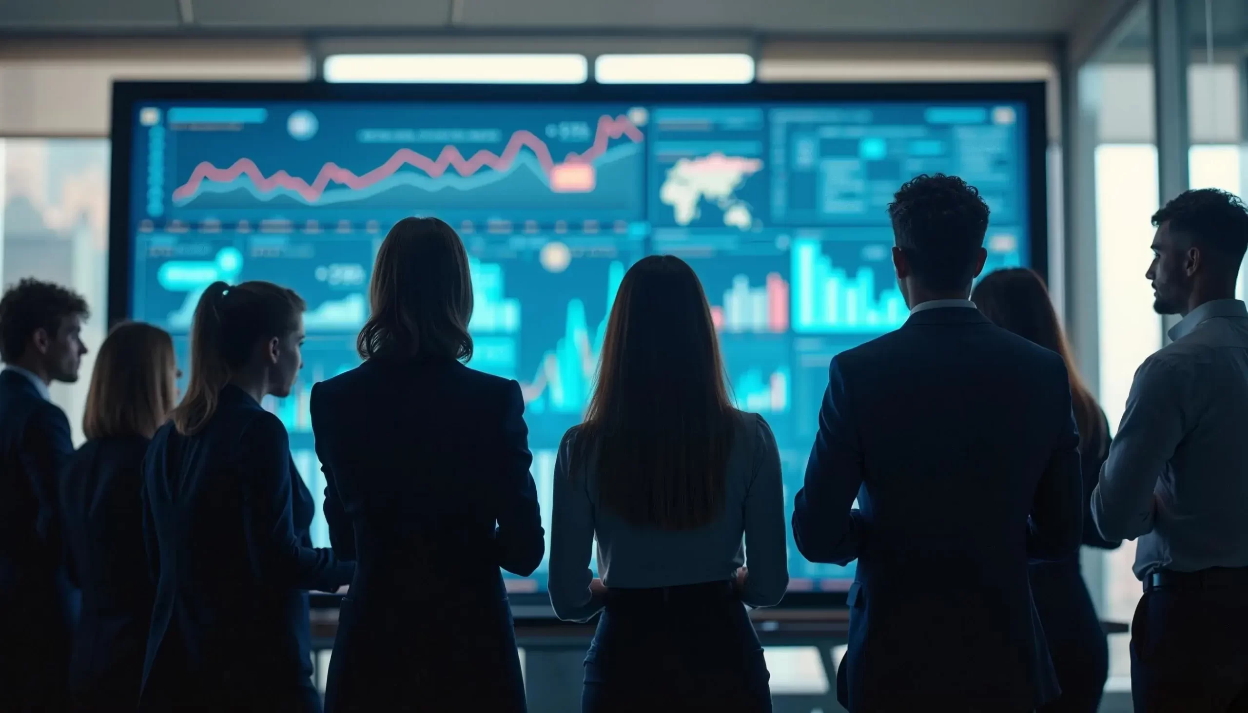 personas de espaldas viendo una pantalla grande con gráficos