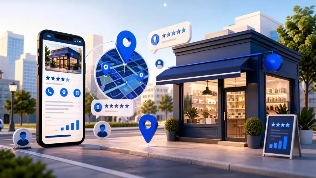Negocio local conectado con clientes mediante mapas, reseñas y perfil empresarial